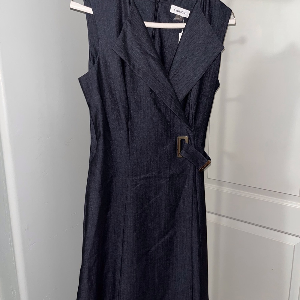 Calvin Klein Faux Denim Sleeveless Wrap Dress with Buckle Detail